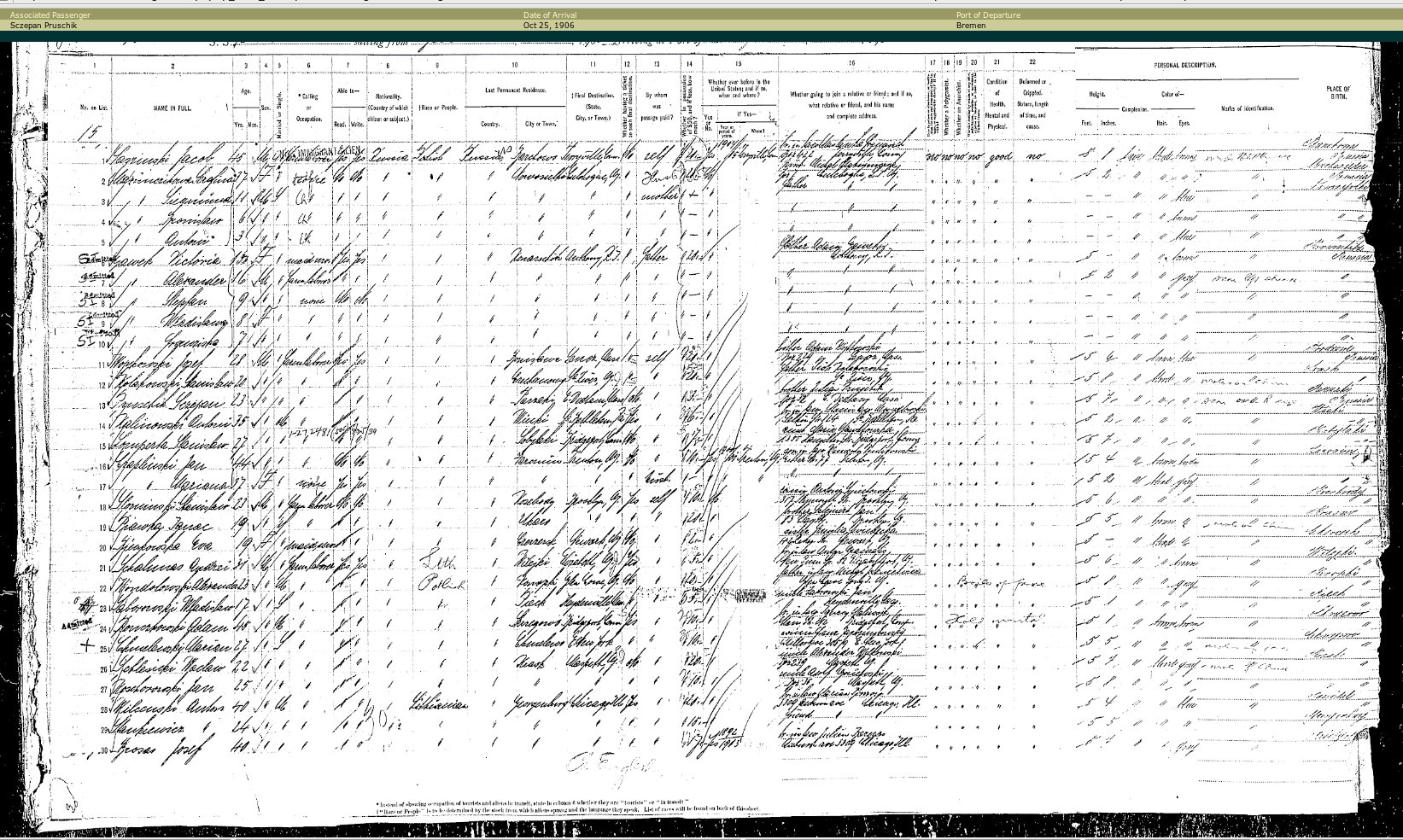 Ship Manifest S.S. Potsdam October 25, 1906 List Bottom Portion