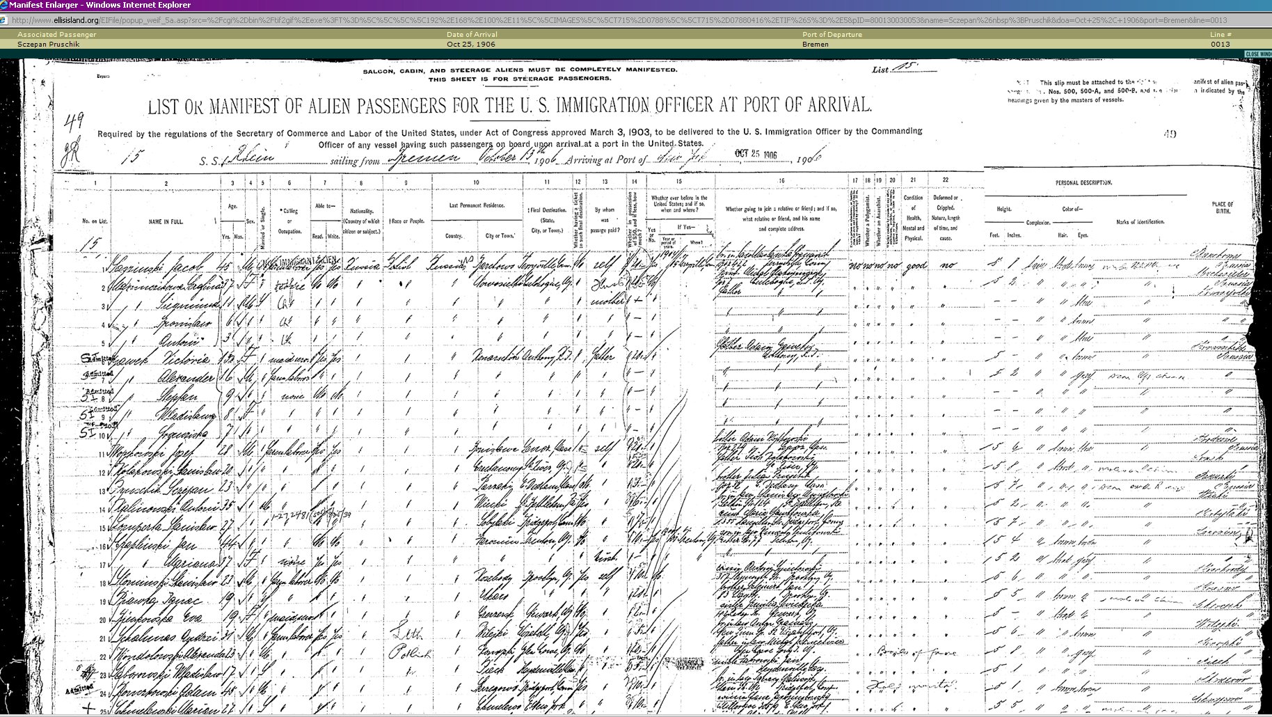 Ship Manifest S.S. Rhein October 25, 1906 List