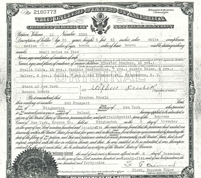 Stephen Prusik's Citizenship Certificate 1925