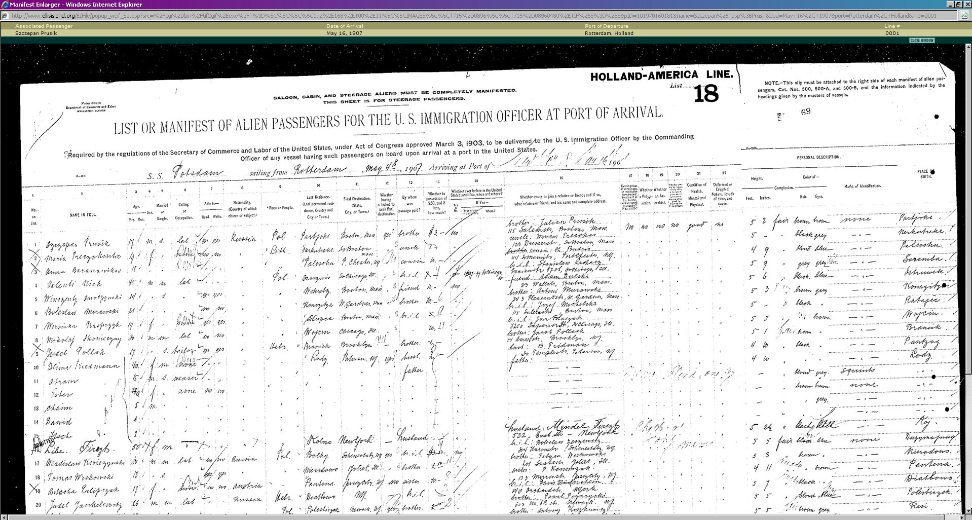 Ship Manifest S.S. Potsdam May 16, 1907 List Top 2/3