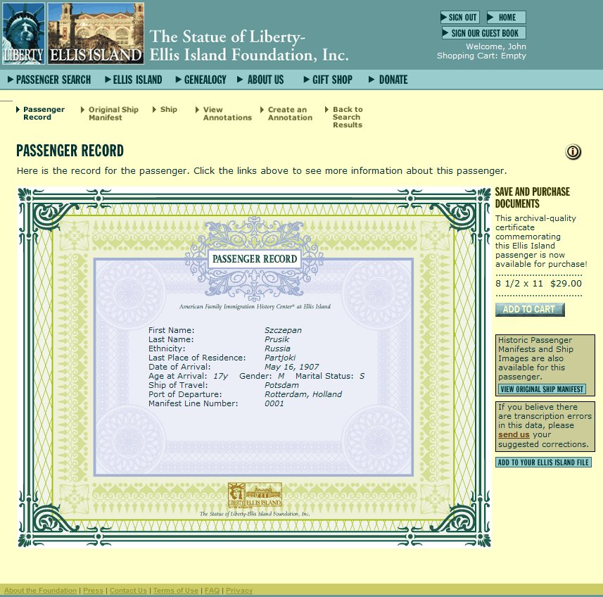 Ellis.Org Passenger Record May 16, 1907 List