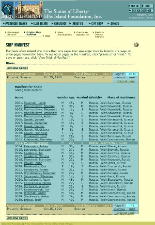 Ellis.Org Ship Manifest October 25, 1906 List